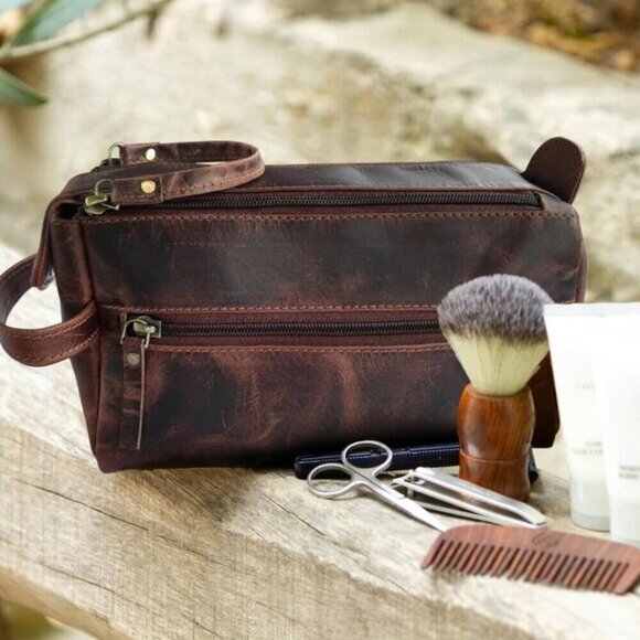 Rustic Town Buffalo Leather Toiletry Bag Vintage Travel Dope Kit Waterproof - Picture 2 of 7